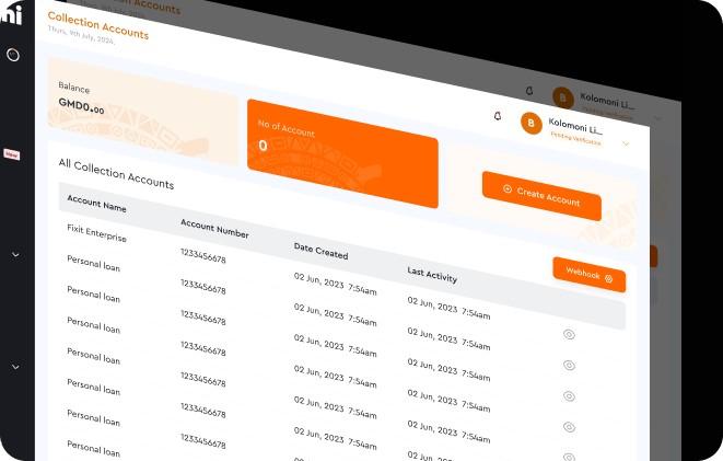 Collection accounts list in the corporate dashboard