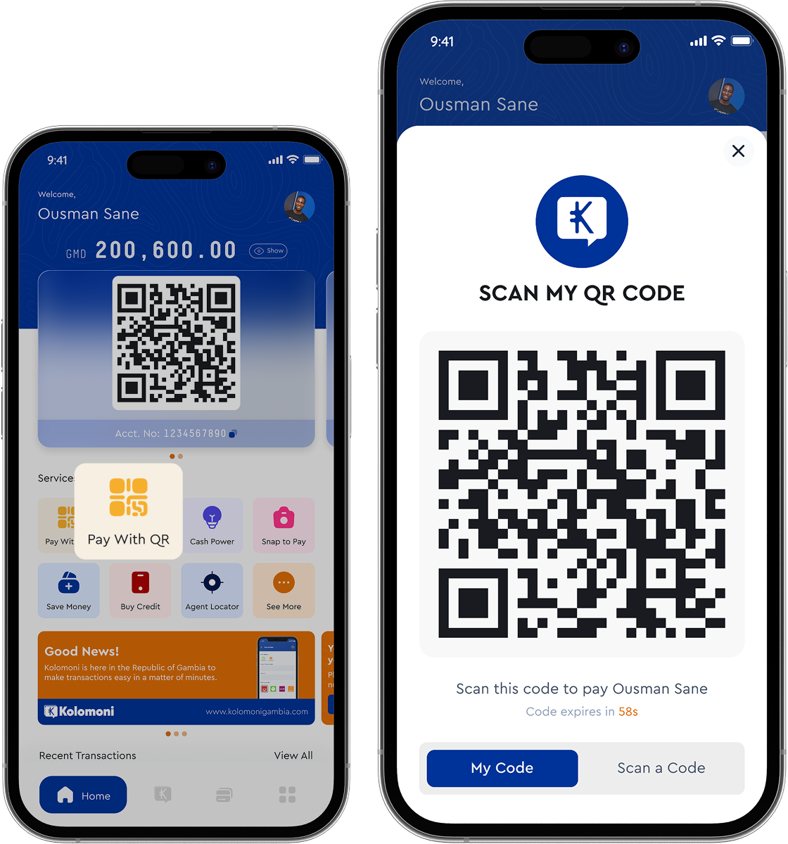 Tapping Pay With QR in the Kolomoni app opens your personal QR code
