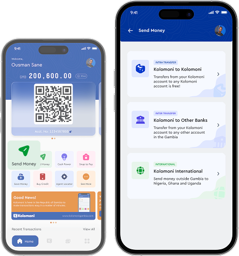 Tapping Send Money in the Kolomoni app shows Kolomoni, other bank and international transfers