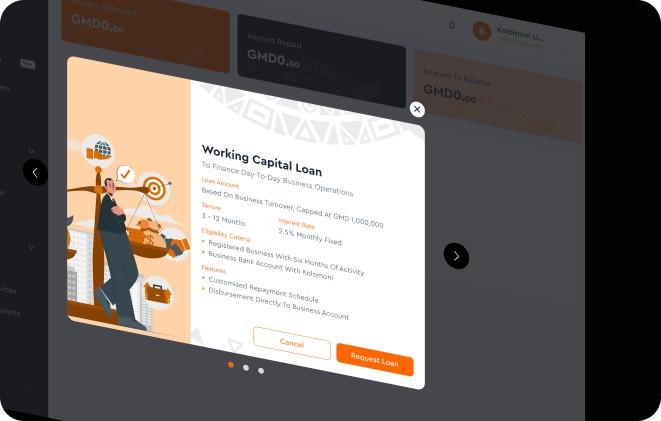 Working capital loan request dialog in the corporate dashboard