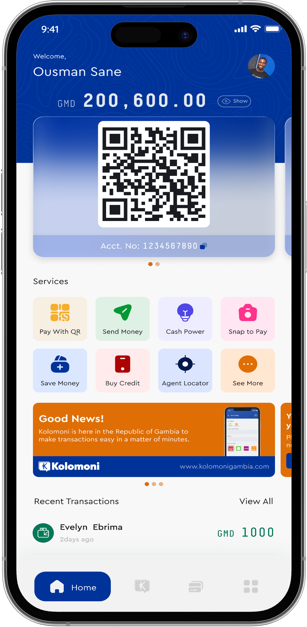 Kolomoni personal app home screen with a GMD balance and QR code