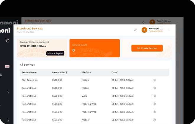 Storefront services screen in the corporate dashboard